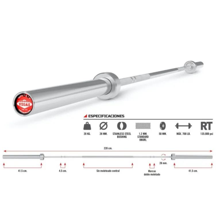 Barre de musculation olympique 220 cm - Capacité de charge : 317 kg