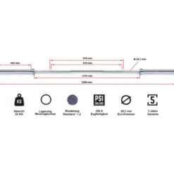 Barre droite chromée à préhension moletée 220 cm de long avec capacité de charge maximale 700 kg