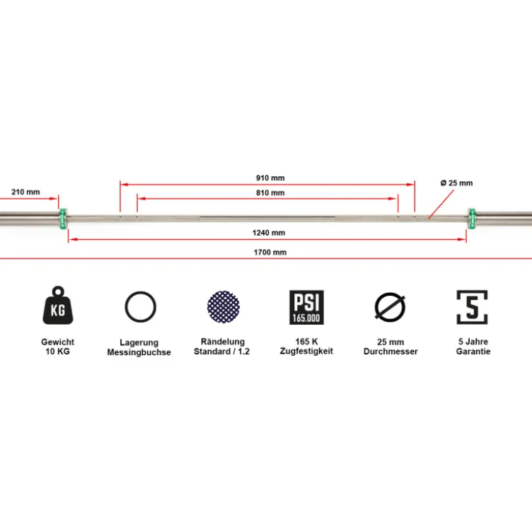 Barre droite olympique avec logo ATX vert 170 cm capacité de charge 400 kg