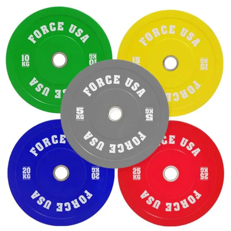 Bumper plates Force USA en caoutchouc colorés avec code couleur IWF de 5 à 25 kg