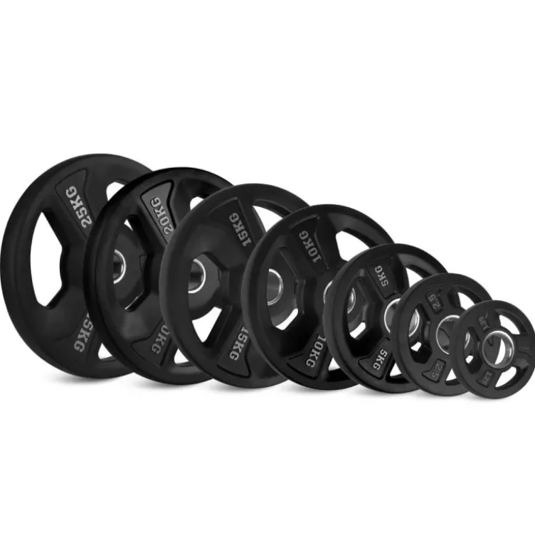 Disques de poids Premium en caoutchouc 50 mm à 3 poignées Titanium Strength de 2,5 à 20 kg