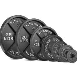 Disques olympiques en fonte de 1,25 à 25 kg Titanium Strength avec revêtement noir anti-usure