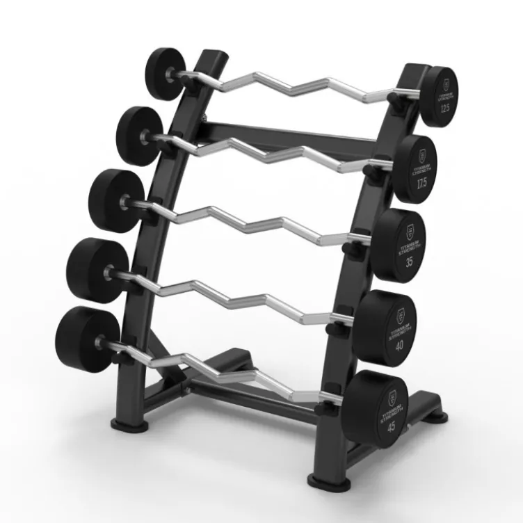 Ensemble de 5 barres EZ incurvées monoblocs pré-chargées Titanium Strength de 10 à 30 kg avec rack de rangement inclus