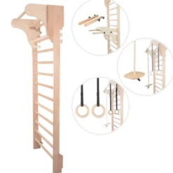 Espalier avec barre de tractions et accessoires de musculation en bois - 200 x 80 cm