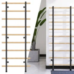 Espalier en bois et métal à fixation murale pour entraînements fonctionnels -199 x 80 cm avec barres à dips et barre de traction