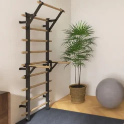 Espalier à fixation murale 220 x 80 cm avec barre de traction fixe et barres à dips - Conception en bois de hêtre et métal