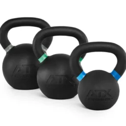 Kettlebells ATX en fonte de 8 à 48 kg avec logo gravé et code couleur pour entraînements sportifs