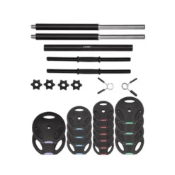 Kit d'haltères et barre longue avec 16 disques de poids pour un total de 57,5 KG