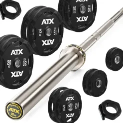 Pack de 107.50 kg de poids en caoutchouc à poignées et barre de musculation avec colliers de serrage magnétiques