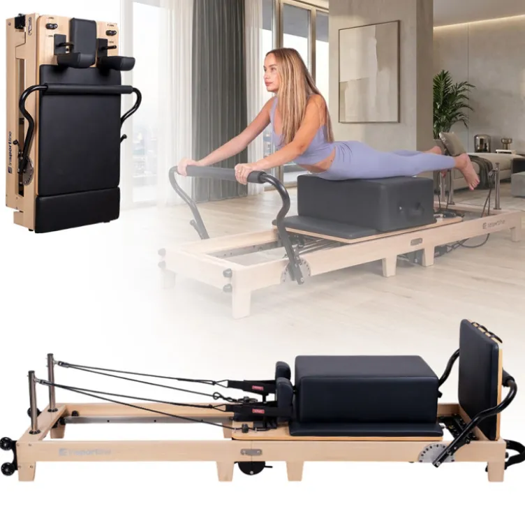 Pilates Reformer professionnel pliable en bois de chêne massif avec réglages multiples et résistance à ressorts