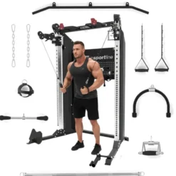 Power rack complet de musculation avec double colonne de poids de 90 kg et poulies rotatives à 360°