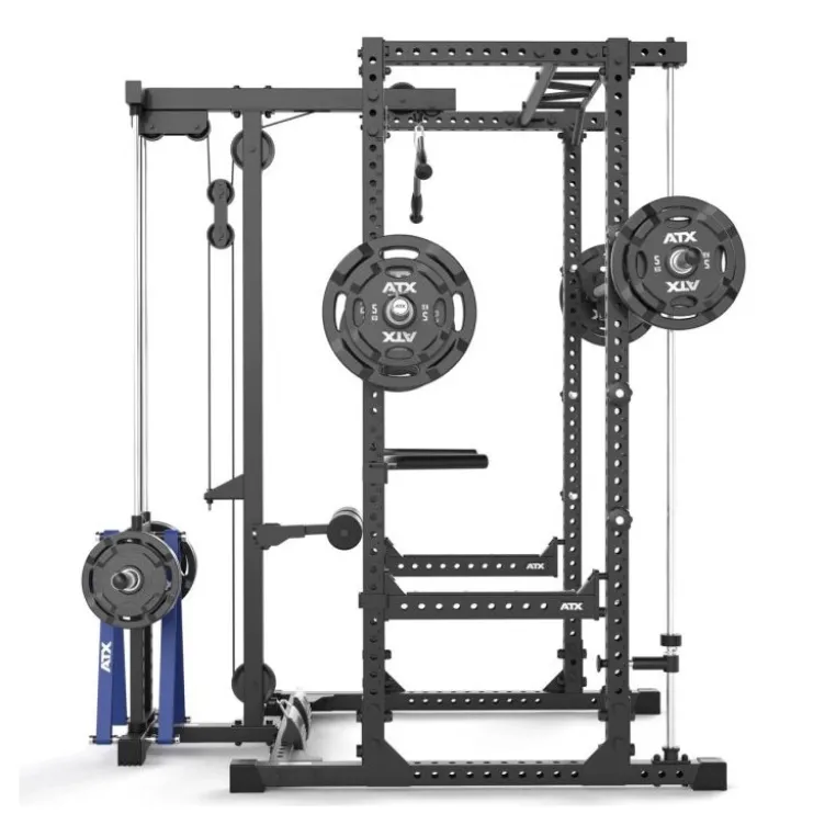 Power rack à squat ATX série 600 en 195 ou 215 cm avec option barre guidée et poulie à charge libre - Barres à dips incluses