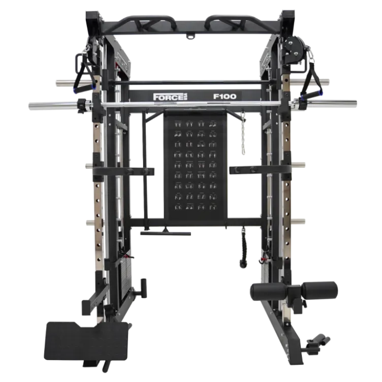 Rack polyvalent Force USA F100 V2 avec 200 kilos de plaques de poids et accessoires de training