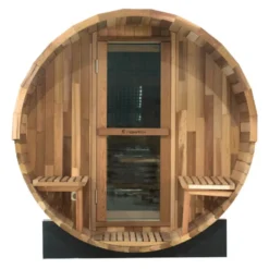 Sauna extérieur complet avec porche à capacité d'accueil de 4 personnes en forme de tonneau en bois de cèdre - De 15° à 90° C