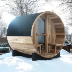 Sauna extérieur complet avec porche à capacité d'accueil de 4 personnes en forme de tonneau en bois de cèdre - De 15° à 90° C