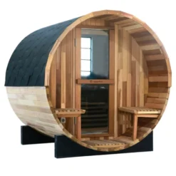 Sauna extérieur complet avec porche à capacité d'accueil de 4 personnes en forme de tonneau en bois de cèdre - De 15° à 90° C