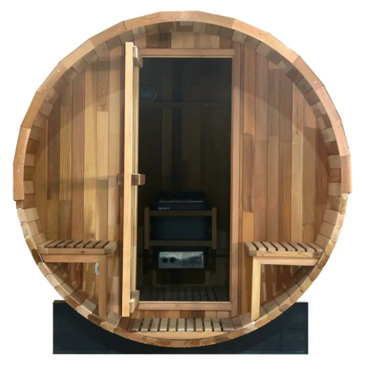 Sauna extérieur en forme de tonneau avec porche pour 6 personnes - Conception en bois de cèdre avec température jusqu'à 90°C