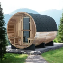 Sauna extérieur en forme de tonneau avec porche pour 6 personnes - Conception en bois de cèdre avec température jusqu'à 90°C