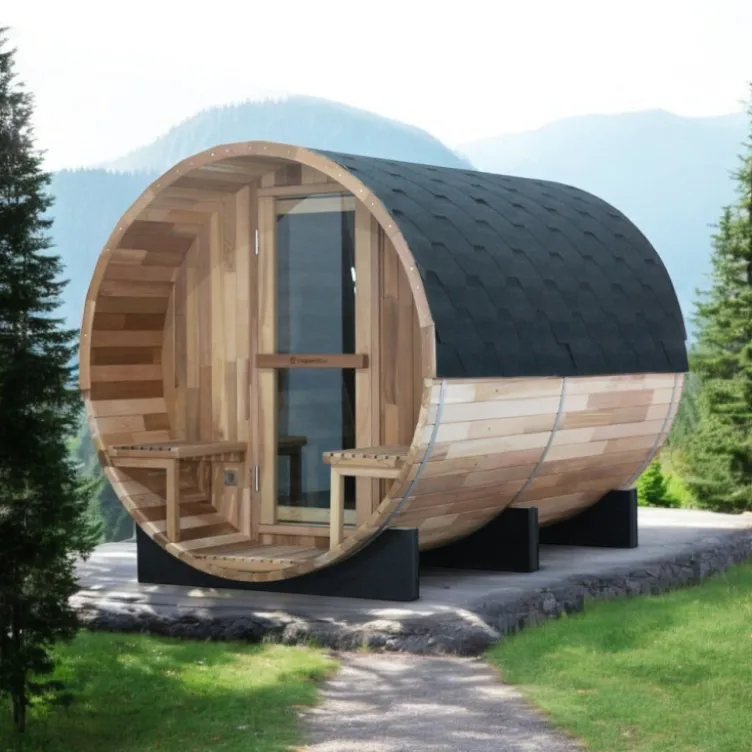 Sauna extérieur en forme de tonneau avec porche pour 6 personnes - Conception en bois de cèdre avec température jusqu'à 90°C