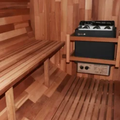 Sauna extérieur en forme de tonneau avec porche pour 6 personnes - Conception en bois de cèdre avec température jusqu'à 90°C