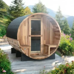 Sauna extérieur en forme de tonneau avec porche pour 6 personnes - Conception en bois de cèdre avec température jusqu'à 90°C
