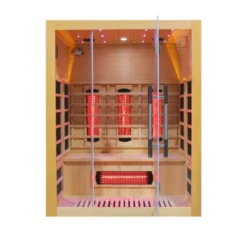 Sauna infrarouge en bois pour 3 personnes Trevirke 300 avec ioniseur d'air et 7 modes de luminothérapie - Chauffage jusqu'à 65°
