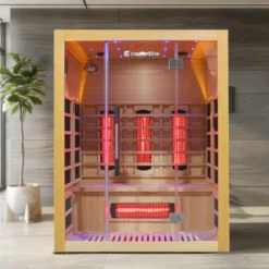 Sauna infrarouge en bois pour 3 personnes Trevirke 300 avec ioniseur d'air et 7 modes de luminothérapie - Chauffage jusqu'à 65°