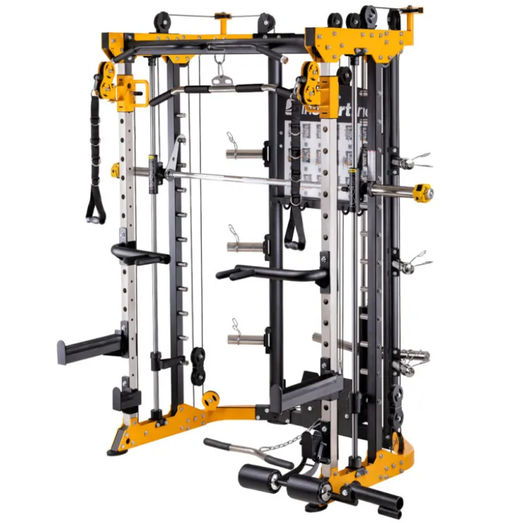 Smith machine de musculation multifonctionnelle avec colonne de poids à charges libres et poste à poulie