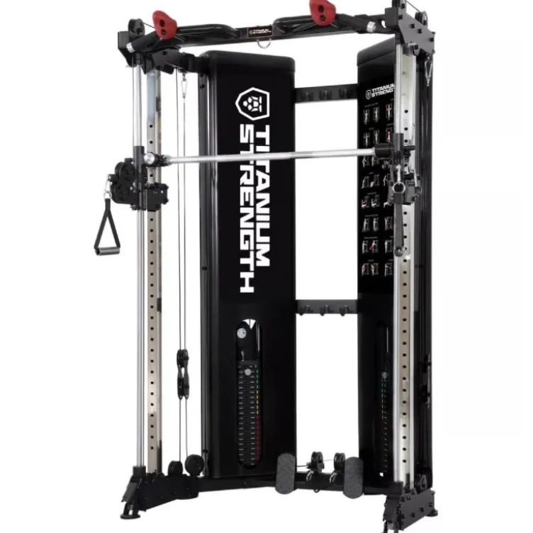 Smith machine à double poulie réglable avec colonnes de poids 2 x 90 kg Titanium Strength FT90 - Structure pliable