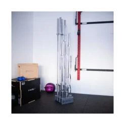 Support de rangement au sol pour barres de musculation olympiques 50 mm - Rangement vertical pour 9 Barres