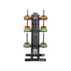 Support de rangement pour barres de musculation et disques de poids avec 6 mandrins et supports x2 pour accessoires