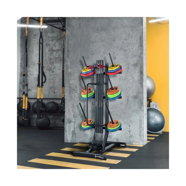 Support de rangement pour barres de musculation et disques de poids avec 6 mandrins et supports x2 pour accessoires