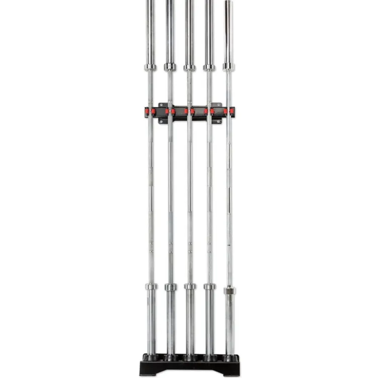 Support mural pour rangement de 5 barres olympiques en position verticale