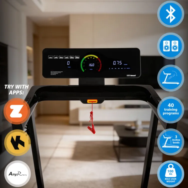 Tapis de course 1 à 16 km/h avec écran connecté et vitesse ajustable de 1 à 16 km/h - 3 niveaux d'inclinaison