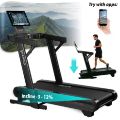 Tapis de course pliable 1 à 22 km/h avec système d'inclinaison et de déclinaison de -3 à 12 % - Écran TFT connecté et rotatif